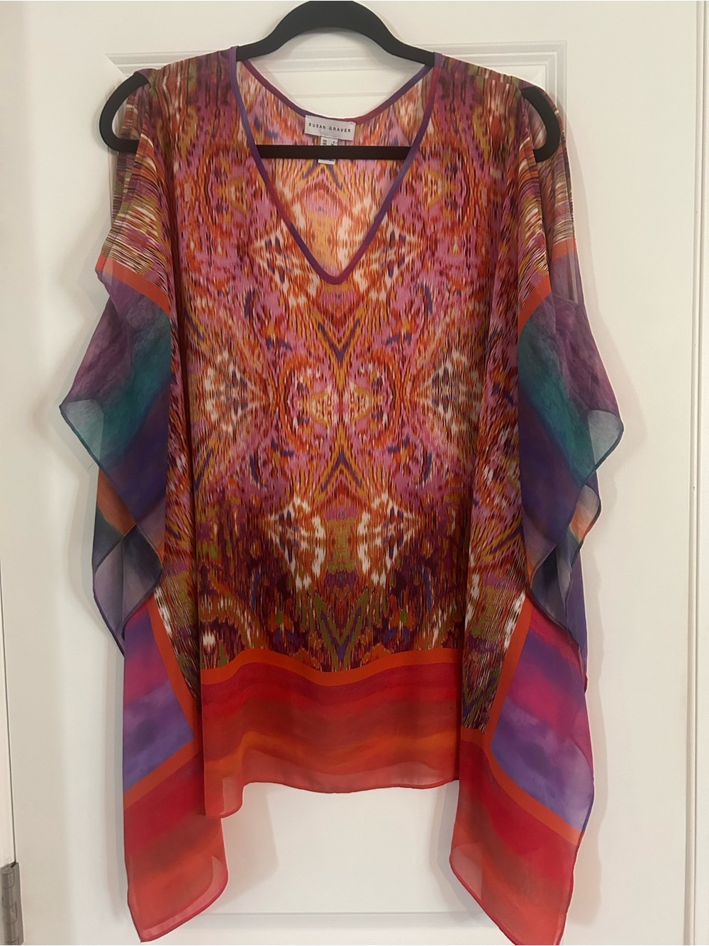 Susan Graver Vibrant Multicolor Sheer V-Neck Tunic — Red, Purple, Teal
